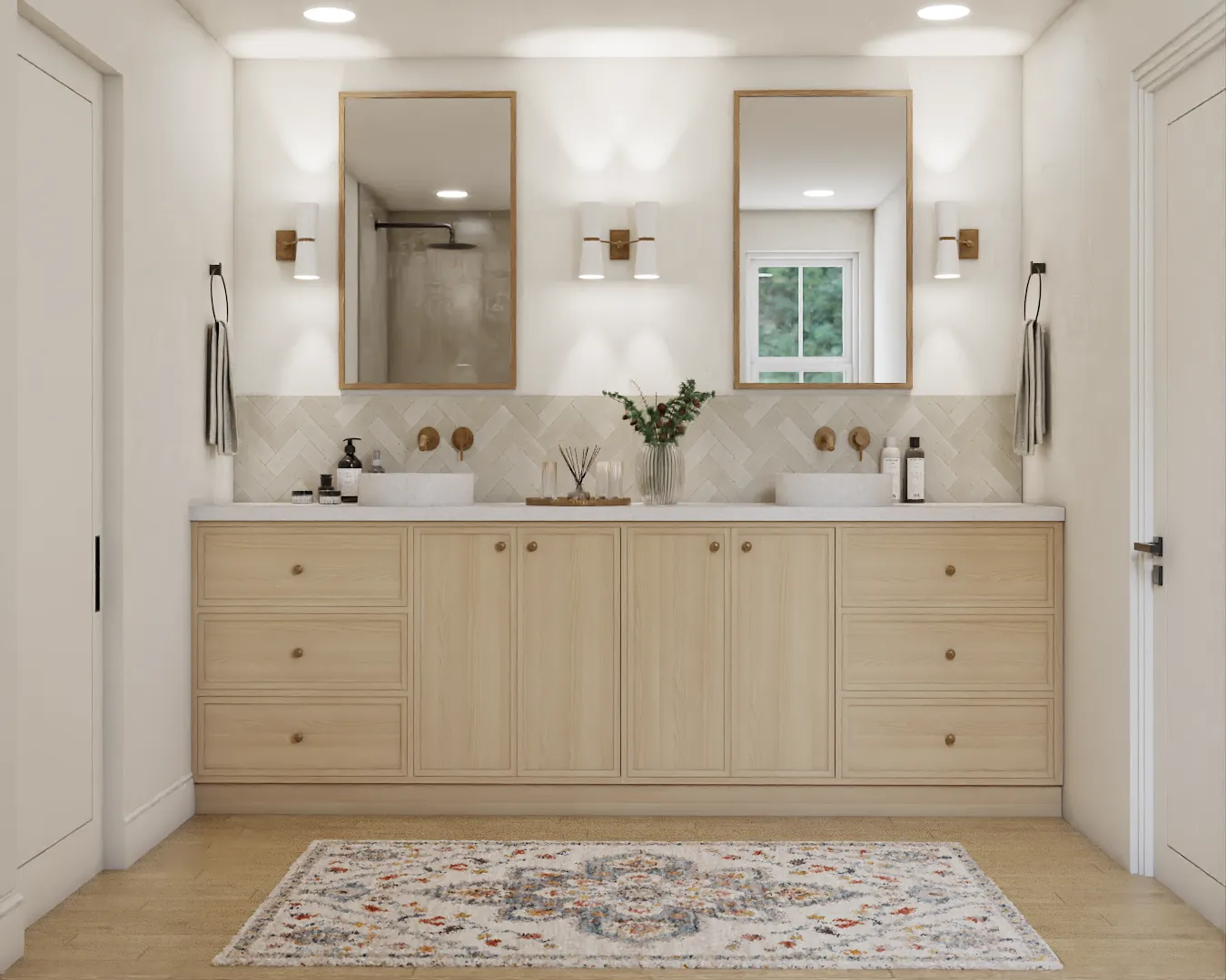 Minimalist bathroom design showcasing natural wood vanity and sleek fixtures, accented by understated lighting and clean lines. Design by Debora, an online interior design service.