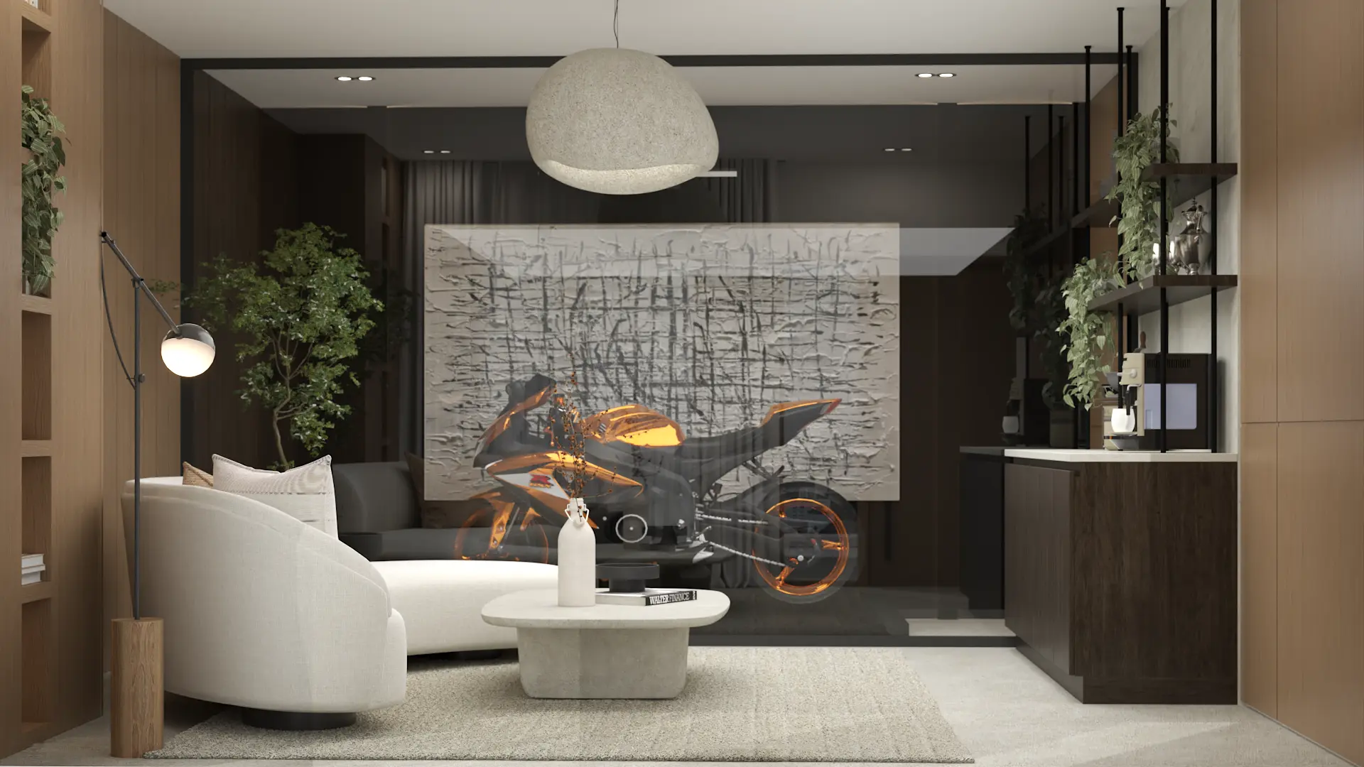 A modern living room with a unique motorcycle display, comfortable seating, and lush green plants. The design combines contemporary decor with industrial touches, creating a visually interesting and inviting space. Design by Debora, an online interior design service.