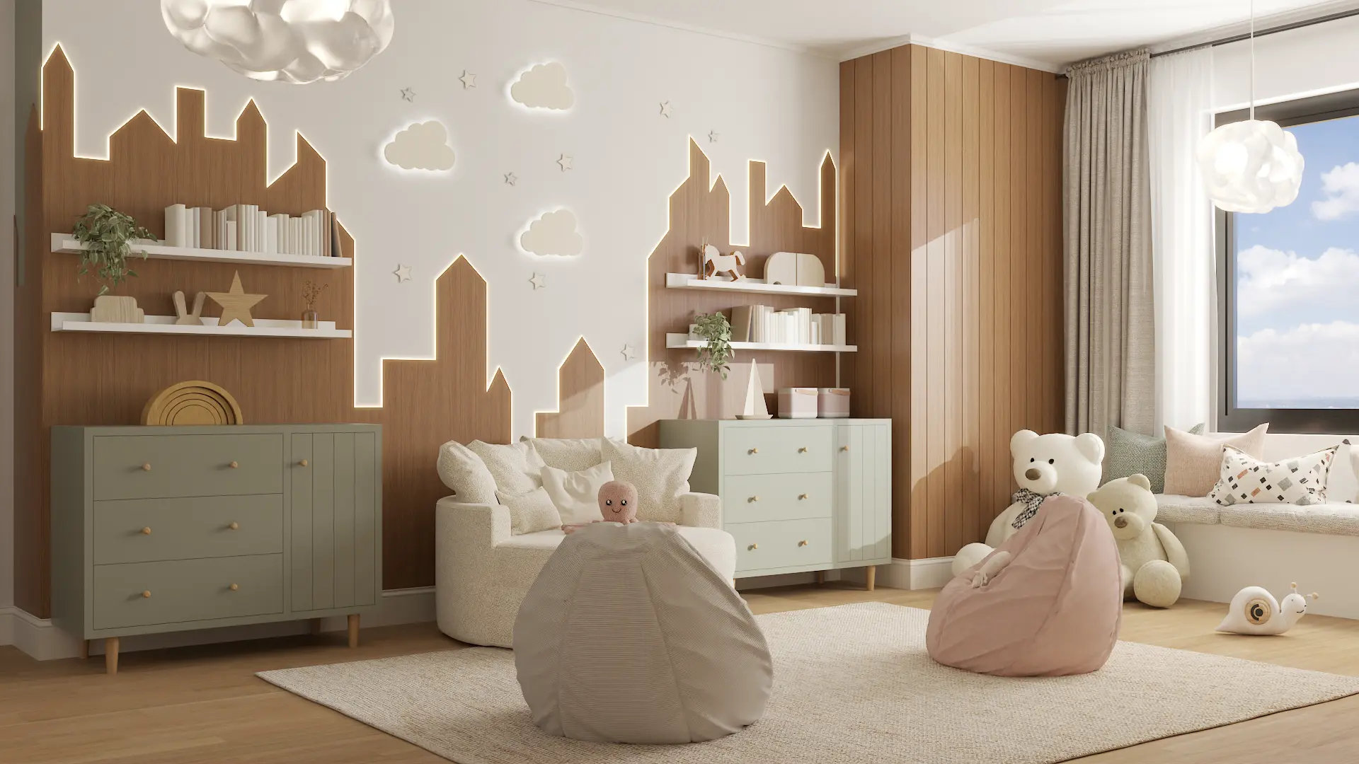 Cozy child's room with soft seating, creative storage, and playful decor, making it a perfect space for children to play and relax, designed by Debora, an online interior design service based in New York City.