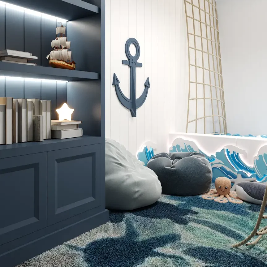 Nautical-inspired children's bedroom with anchor motifs and soft blue hues, designed by Debora, an online interior design service based in New York City.