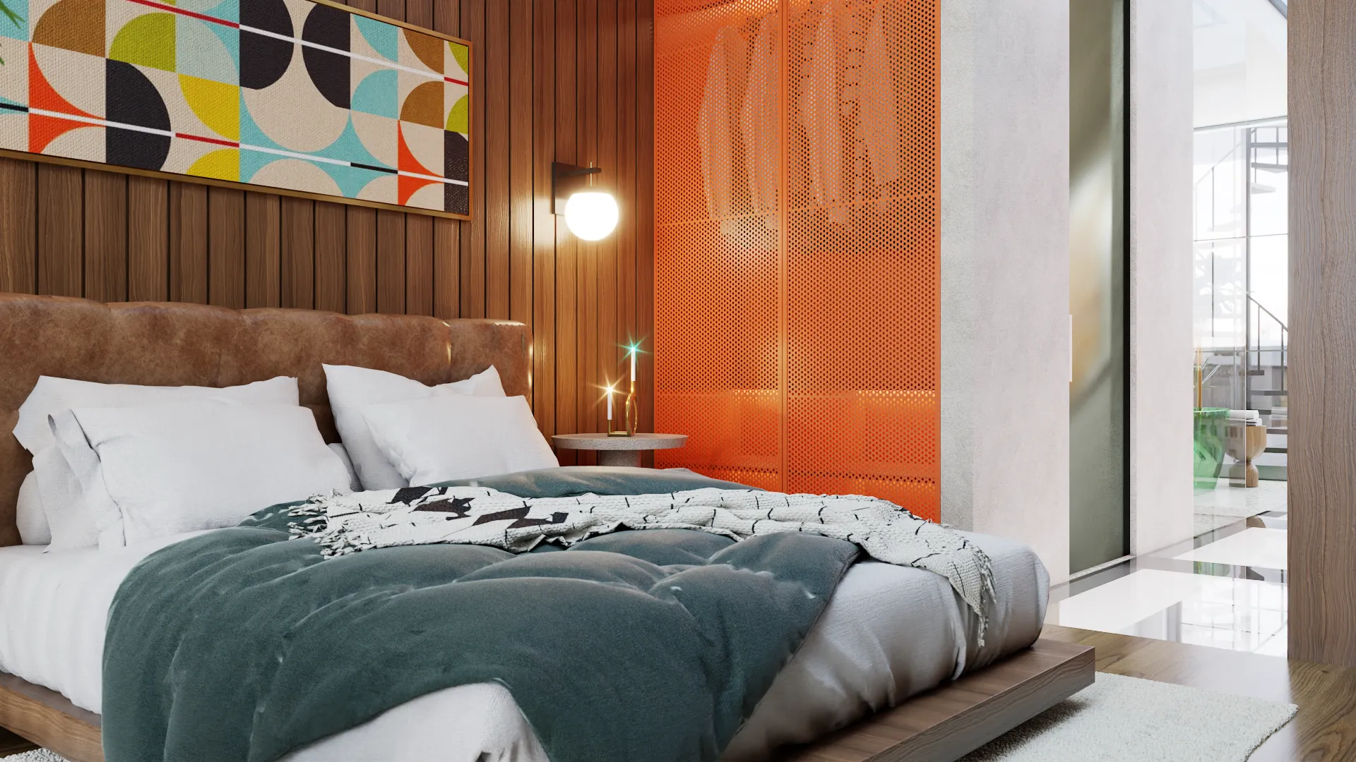 Vibrant bedroom with colorful abstract wall art, wooden accents, and a modern aesthetic, creating an energetic and inviting space. Design by Debora, an online interior design service.