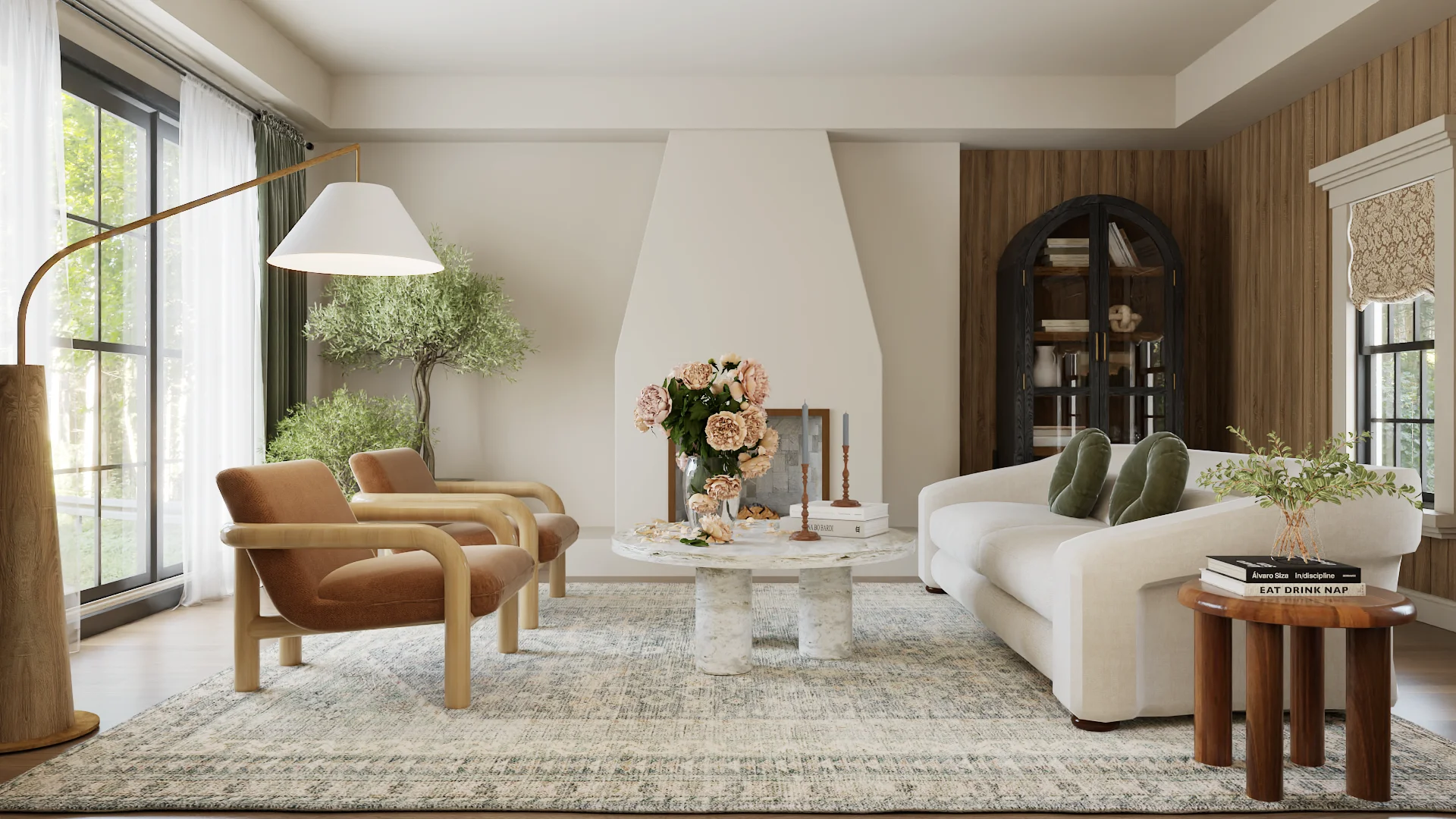 A contemporary living room featuring organic, neutral-toned furniture designed by Debora. The room includes a minimalist beige sofa with plush cushions, a sleek wooden coffee table, and a pair of modern armchairs. The space is accented with natural elements, such as a potted plant and a woven rug. Large windows allow ample natural light to illuminate the room, creating a warm and inviting atmosphere. The overall design emphasizes simplicity, comfort, and a connection to nature.