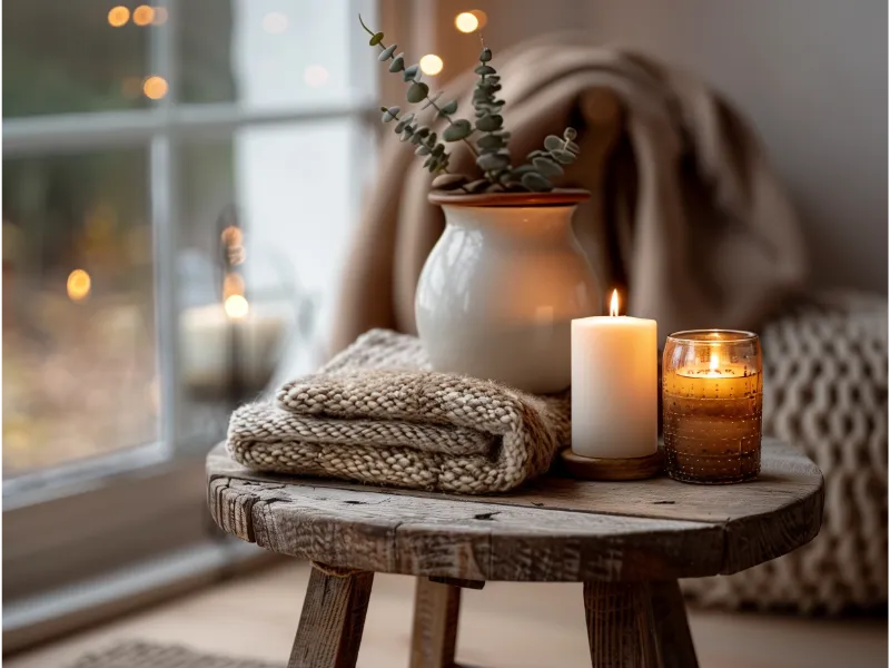 A cozy vignette with a rustic wooden stool, burning candles, a knit blanket, and a ceramic vase with greenery, set by a window with blurred outdoor lights.