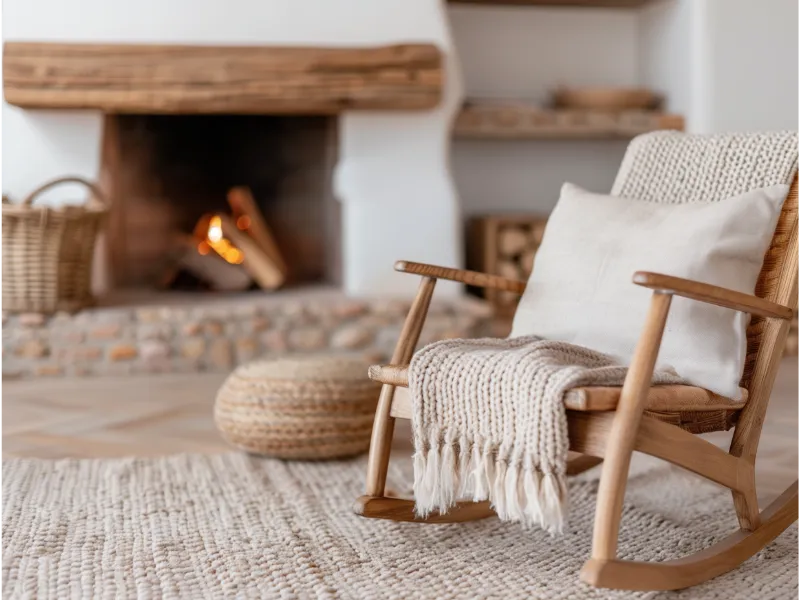 Rustic living room with a roaring fireplace, wooden rocking chair adorned with a knit throw and pillow, and woven decor accents, creating a cozy atmosphere.