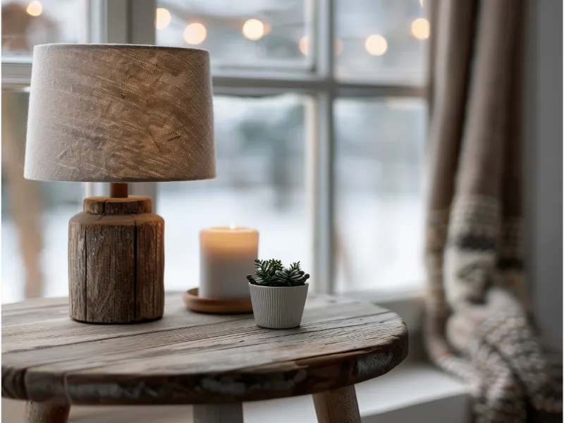 Rustic side table with a wooden lamp, burning candle, and small succulent plant, positioned near a window with winter scenery and soft lights outside.