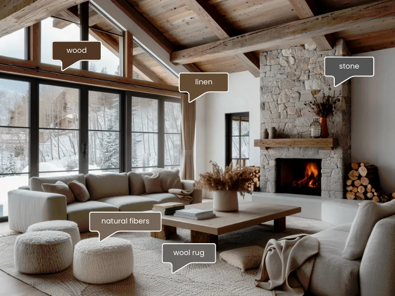 A cozy cabin living room with wood beams, stone fireplace, linen furnishings, and a wool rug, highlighting natural fibers and a rustic aesthetic.