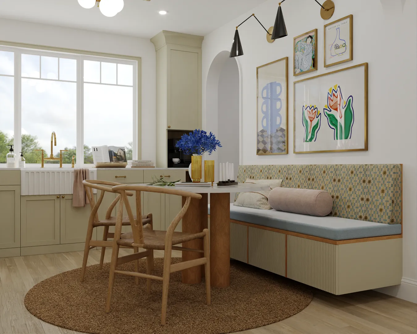 Cozy modern farmhouse kitchen with a breakfast nook, wooden chairs, round table, built-in bench, and large windows providing natural light.