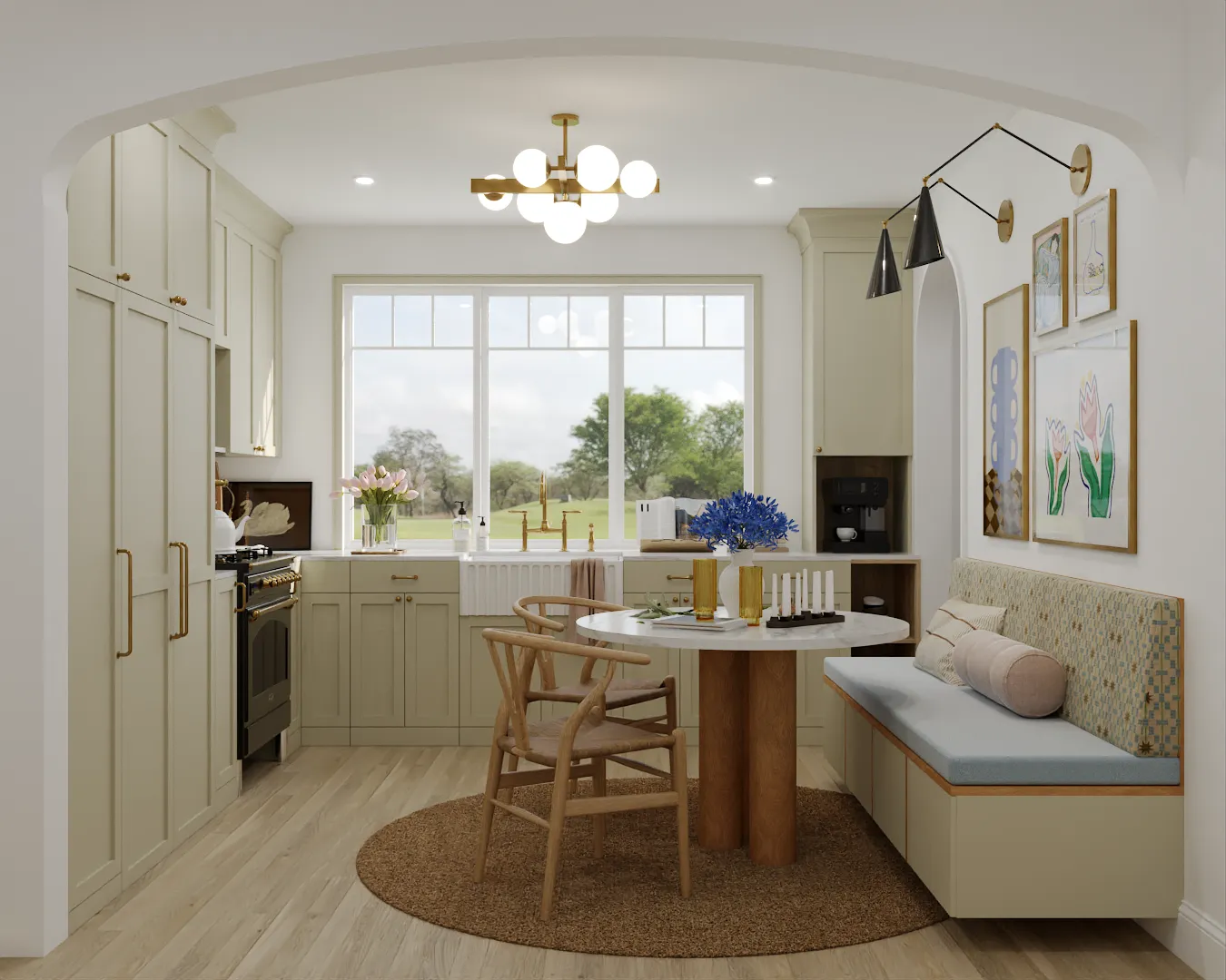 Modern farmhouse kitchen with gold accents and beige cabinets, large window, breakfast nook with built-in bench, round table, wooden chairs, and contemporary lighting fixtures.