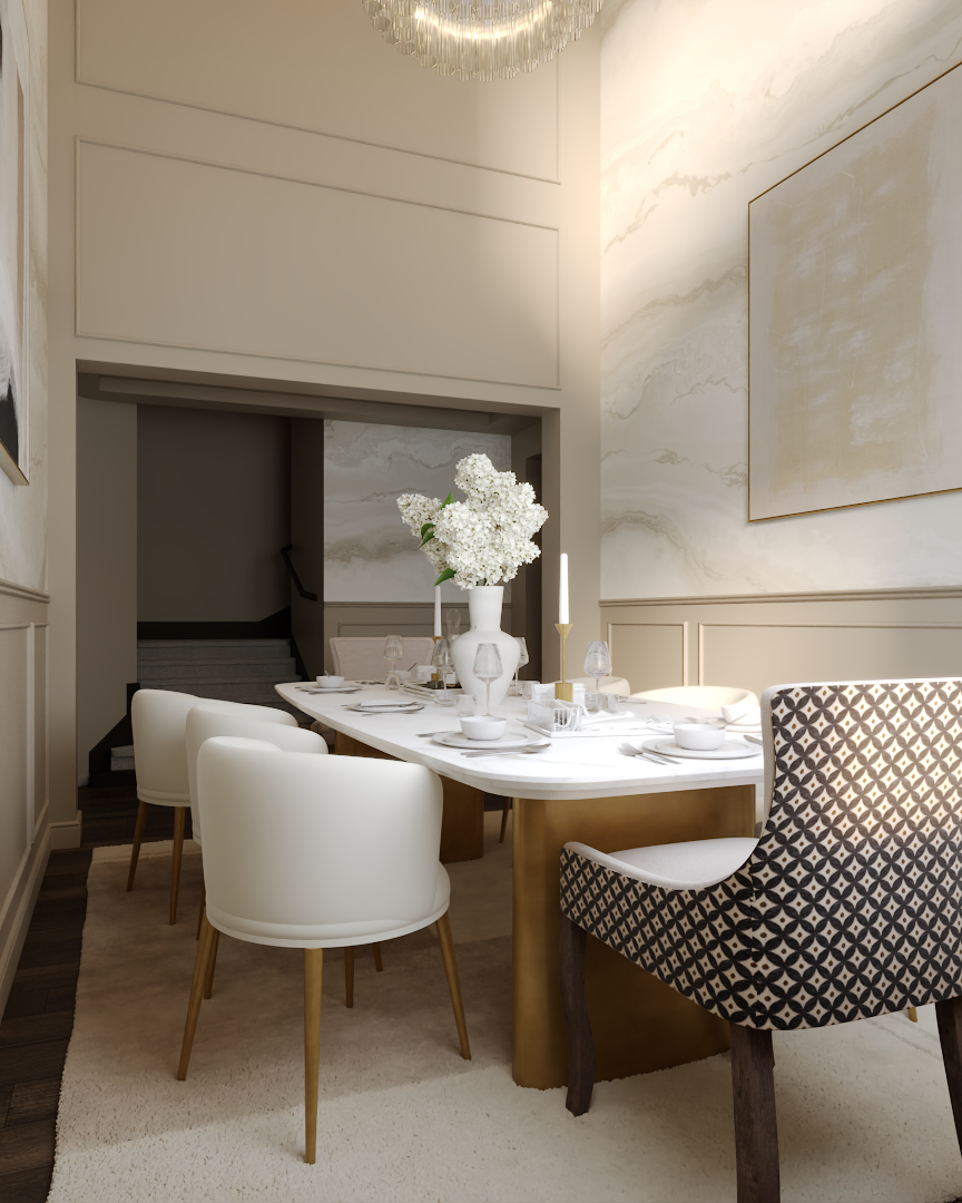 a dining table with white chairs and a vase of flowers