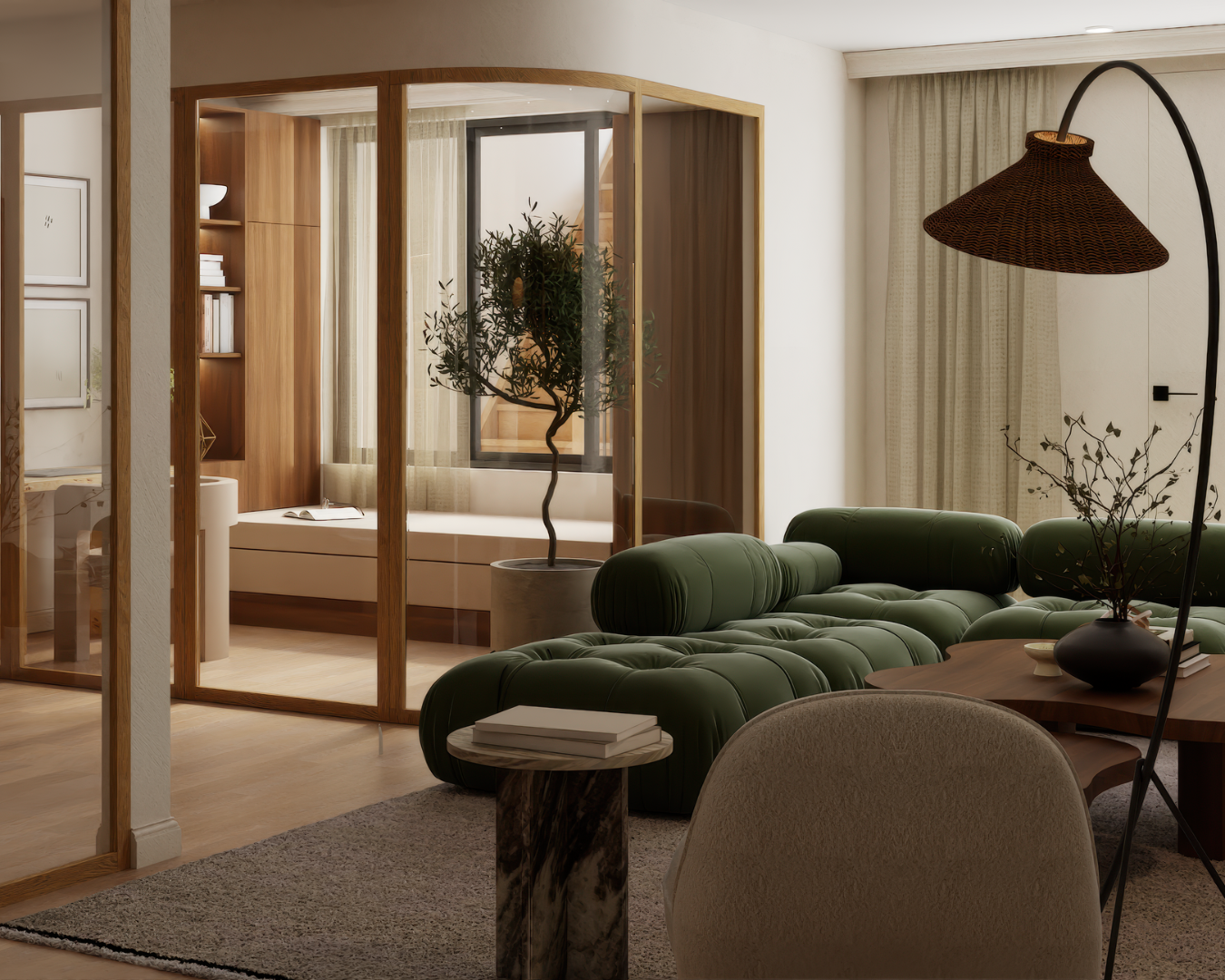 Green accent living room and neutral colors