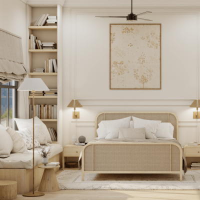 Traditional bedroom with rattan bed frame and classic design elements, combining elegant style with timeless charm. Design by Debora, an online interior design service.