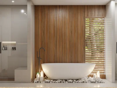 Elegant bathroom featuring warm wood paneling and a white freestanding tub, creating a relaxing and sophisticated space. Design by Debora, an online interior design service.