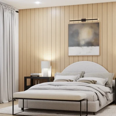 Contemporary bedroom featuring wooden wall panels and a minimalist design with soft colors and modern furnishings, creating a warm and inviting ambiance. Design by Debora, an online interior design service.