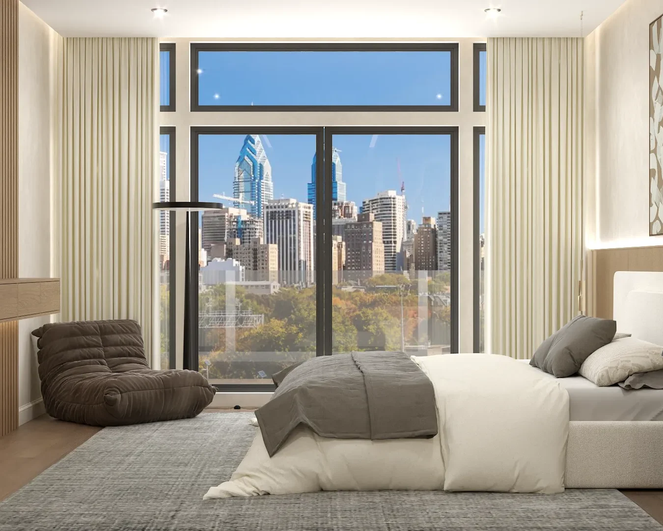 Modern bedroom with expansive New York City views through large windows, featuring a minimalist design and a neutral color palette that enhances the urban atmosphere. Design by Debora, an online interior design service.