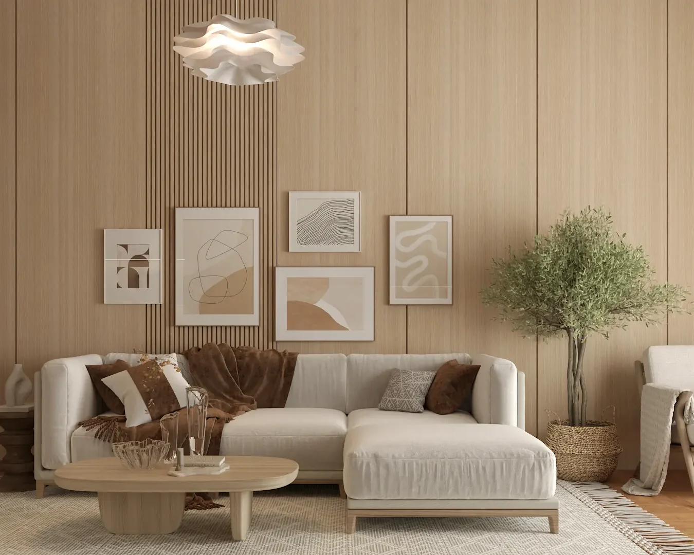 Minimalist living room with a neutral color scheme and a gallery wall of geometric and abstract art pieces, offering a clean and sophisticated aesthetic. Design by Debora, an online interior design service.