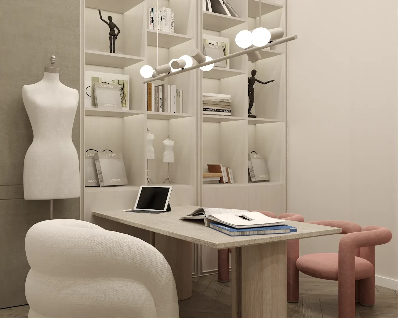 An elegant home office with a stylish desk, comfortable seating, and well-organized shelves. The decor includes a mix of modern and classic elements, with a focus on functionality and style. Design by Debora, an online interior design service.