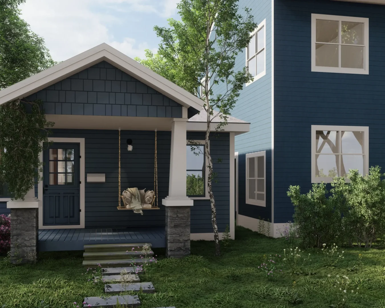A cozy blue cottage with a welcoming porch swing, surrounded by greenery. The design offers a perfect blend of comfort and charm, ideal for a peaceful living environment. Design by Debora, an online interior design service.