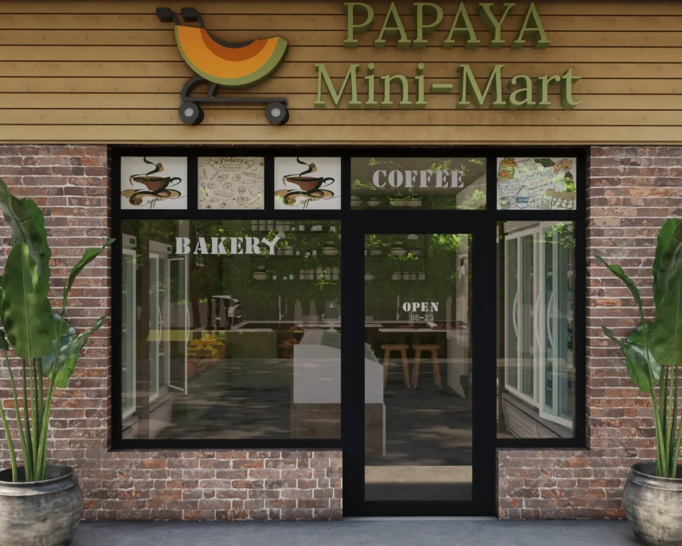 A charming mini-mart with a brick facade, vibrant signage, and large windows. The storefront is enhanced with green plants, adding a touch of freshness. Design by Debora, an online interior design service.
