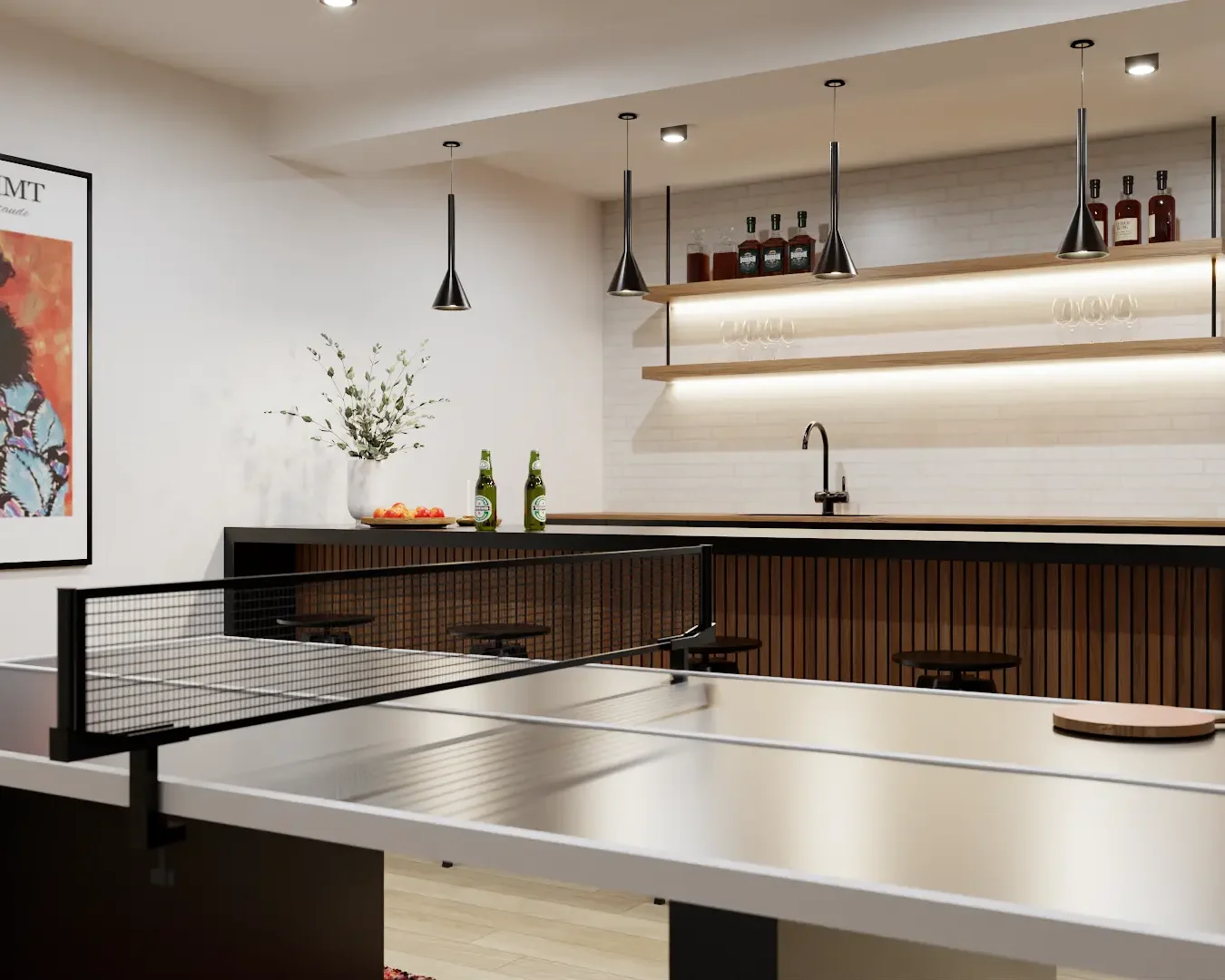 A contemporary ping pong room featuring a sleek bar with modern lighting, open shelving, and a Gustav Klimt poster on the wall. The space is designed for fun and entertainment. Design by Debora, an online interior design service.