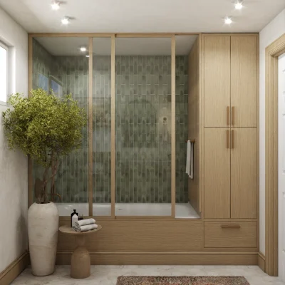 Zen-inspired bathroom featuring natural wood cabinets, a glass shower enclosure with green tiles, and a lush potted plant, offering a calm and refreshing retreat. Design by Debora, an online interior design service.