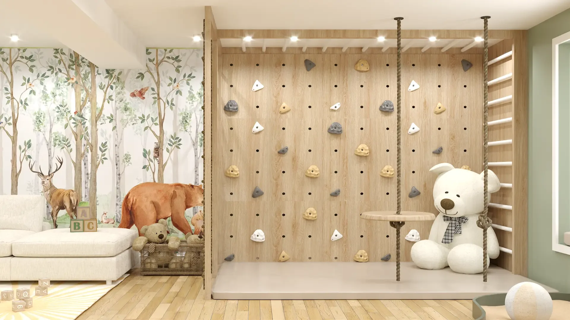 Child's room with a wooden climbing wall and comfortable play area, fostering adventure and creativity, designed by Debora, an online interior design service based in New York City.