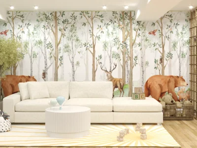 Adventure-themed kids' room with forest wallpaper and cozy seating area, designed by Debora, an online interior design service based in New York City.