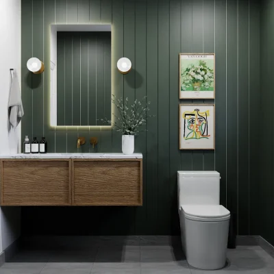 Elegant bathroom with deep green paneling and a sleek wooden vanity, accented with golden fixtures and stylish wall art. Design by Debora, an online interior design service.