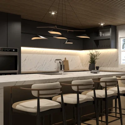 Dark modern kitchen with stylish pendant lighting and white marble bar, perfect for elegant entertaining. Design by Debora, based in New York.