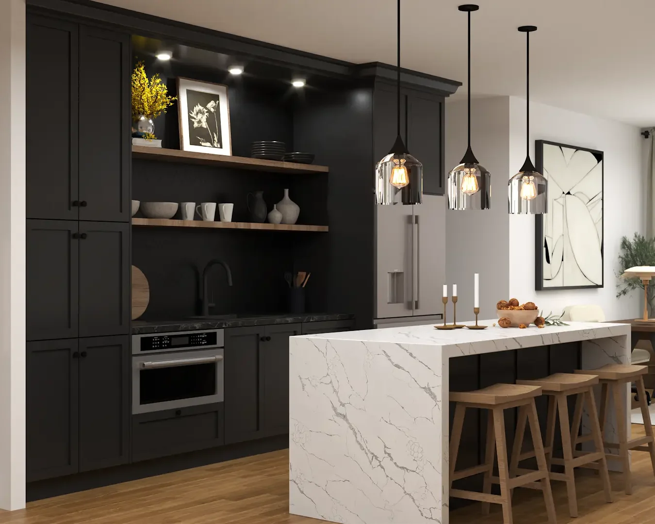 Chic kitchen with black cabinetry and a luxurious white marble island, highlighted by stylish pendant lighting. Design by Debora, based in New York.