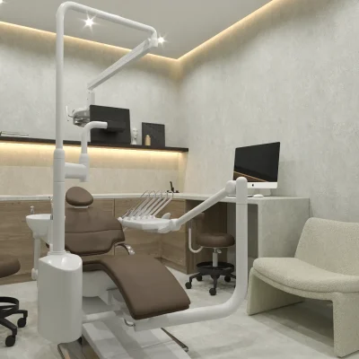 A contemporary dental clinic featuring modern equipment, comfortable seating, and elegant lighting. The design is both functional and inviting, ensuring a professional and welcoming environment for patients. Design by Debora, an online interior design service.