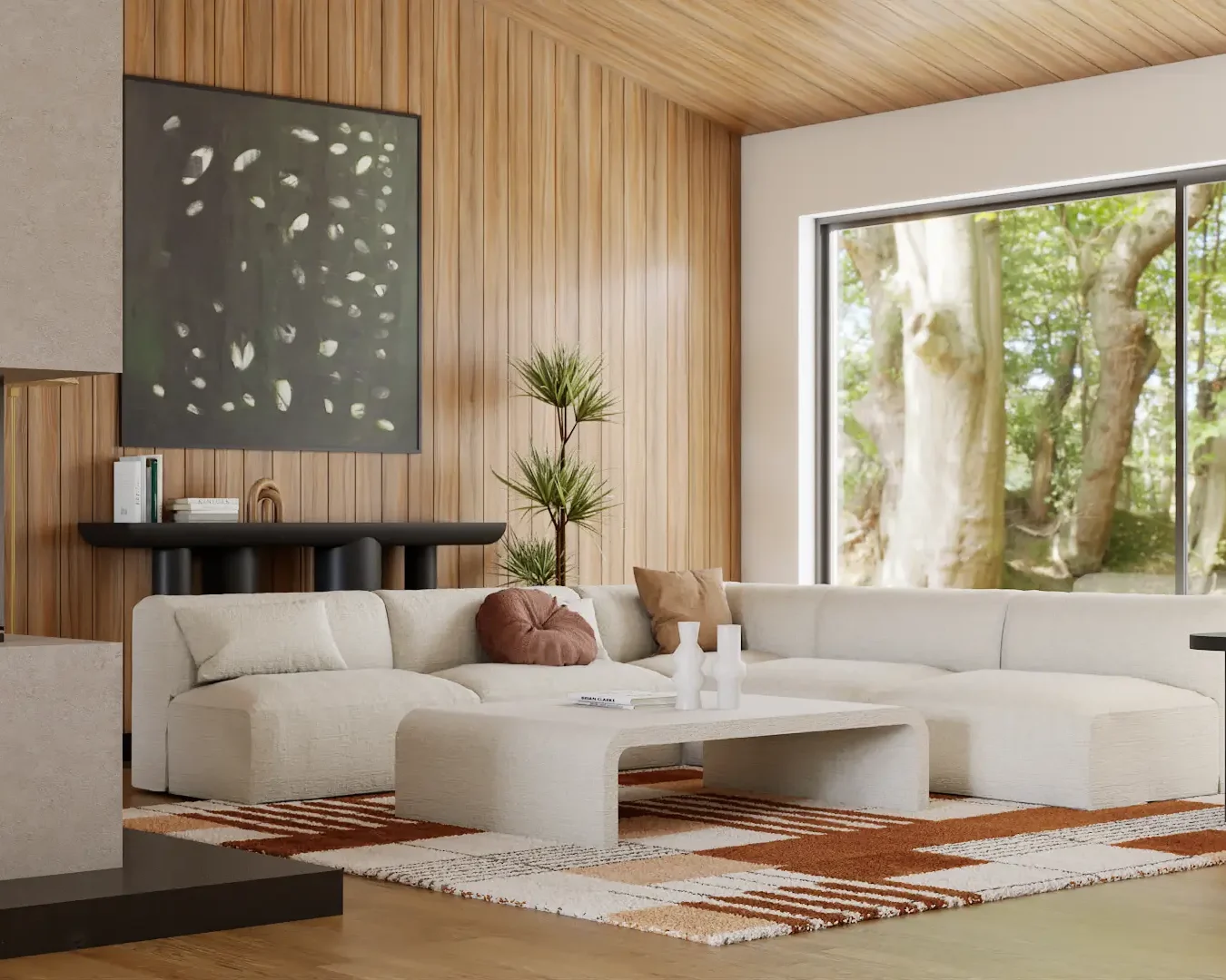 Modern living room with warm wooden panels, plush white sectional sofa, and a nature-inspired abstract painting, creating a harmonious and inviting space. Design by Debora, an online interior design service.