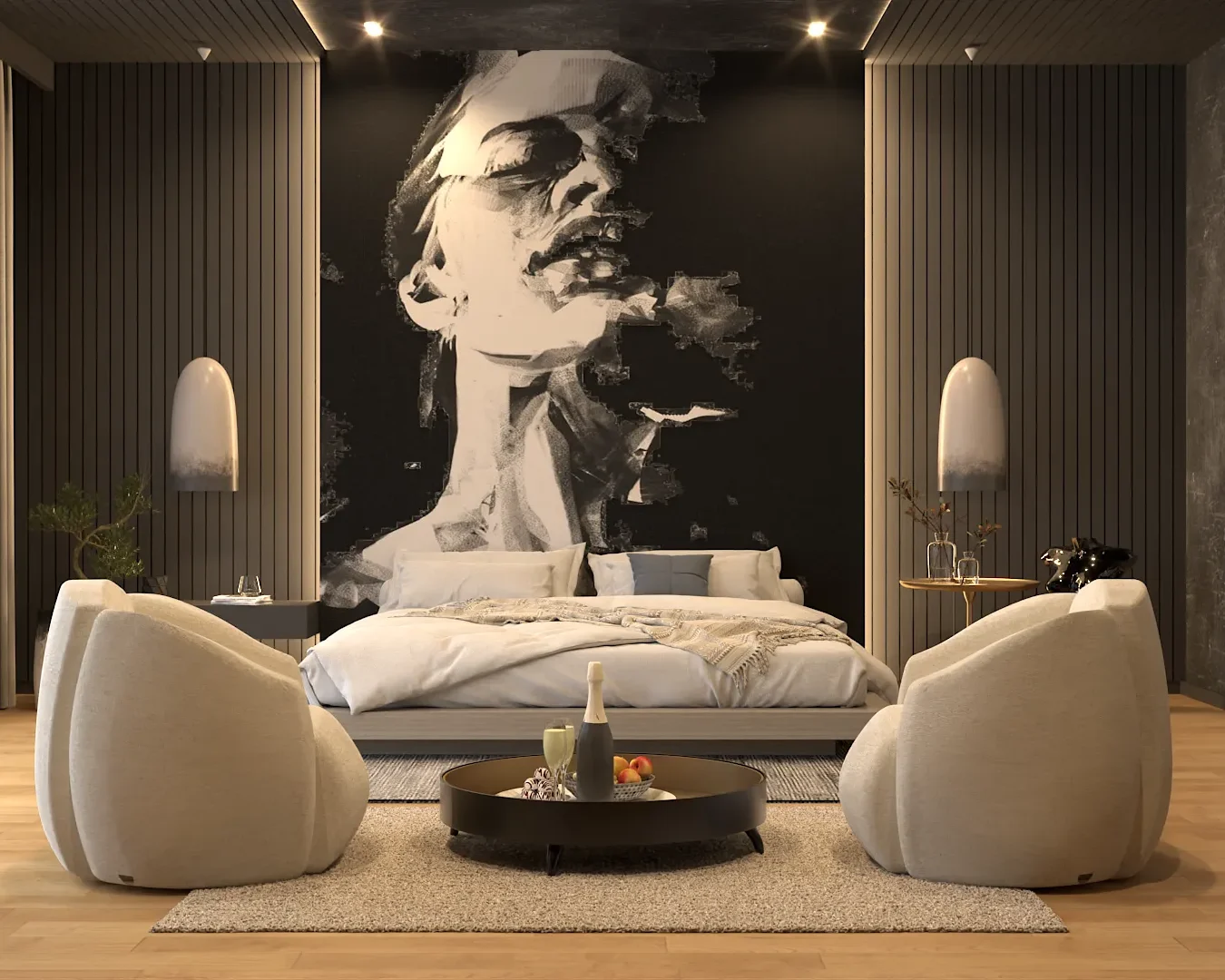 Bold and artistic bedroom featuring a large black and white portrait on the statement wall, modern dark paneling, and stylish furnishings including unique beanbag chairs, creating a dynamic and visually striking space. Design by Debora, an online interior design service.