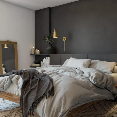 Modern bedroom with a dark aesthetic, grey bedding, and chic decor, offering a sophisticated and contemporary atmosphere. Design by Debora, an online interior design service.