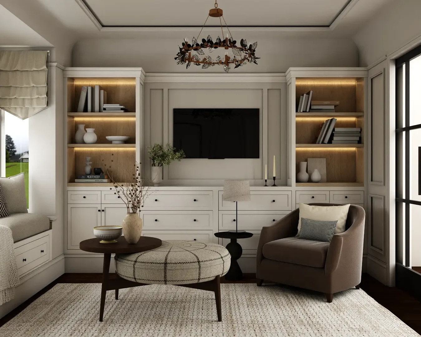 Elegant living room with built-in bookcases, comfortable seating, and cozy decor, combining traditional elegance with modern living. Design by Debora, an online interior design service.