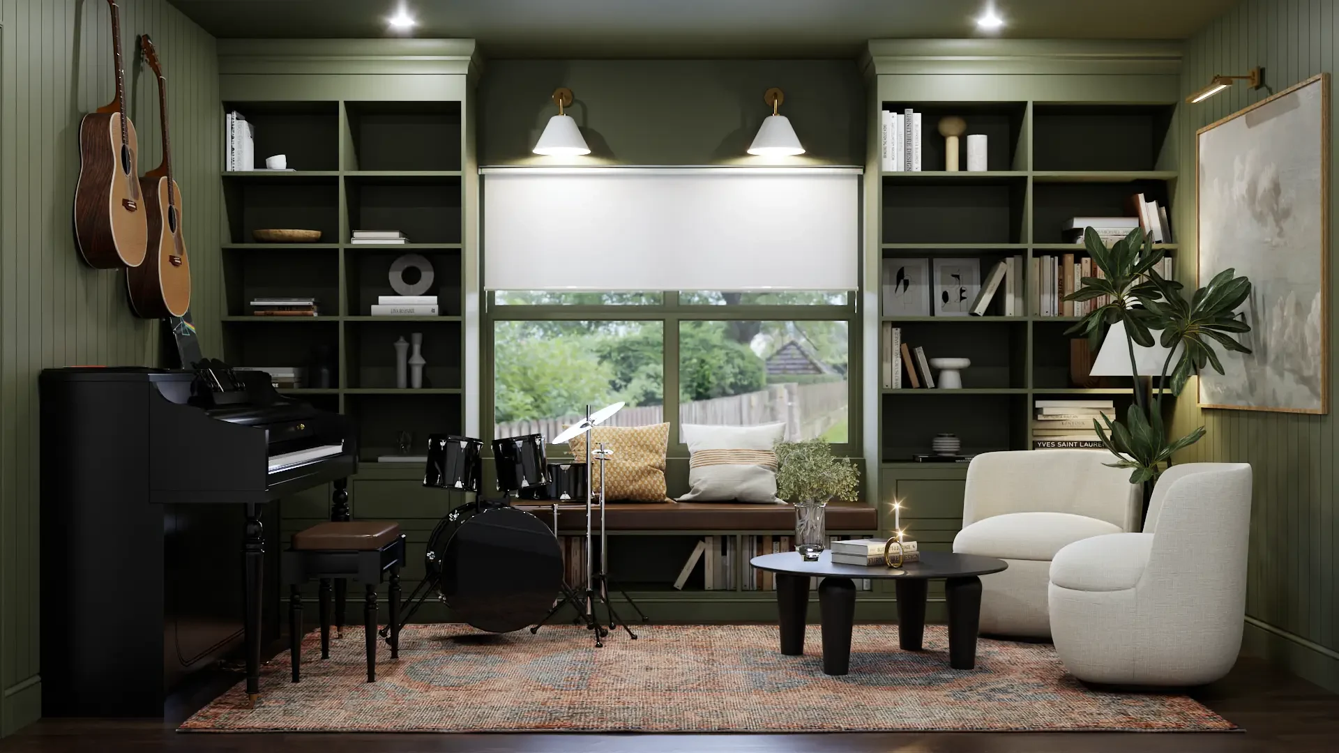 A cozy reading room with built-in green shelves filled with books and decor. A drum set and piano provide a musical touch, and a large window seat offers a comfortable spot to relax. Soft lighting enhances the warm, inviting atmosphere. Design by Debora, an online interior design service.
