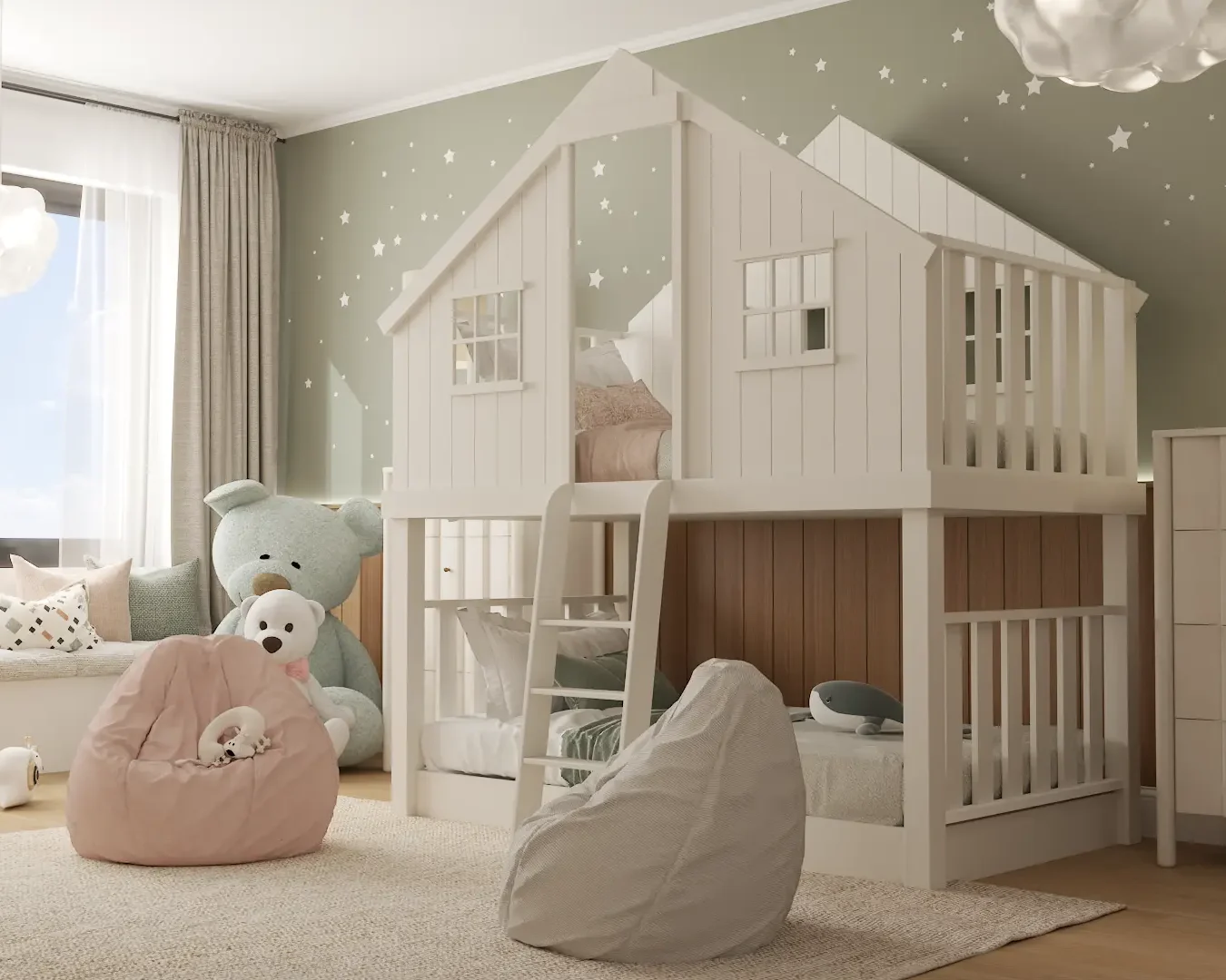 Cozy children's loft bedroom with a house-shaped bed under a starry ceiling, offering a tranquil and imaginative space, designed by Debora, an online interior design service based in New York City.