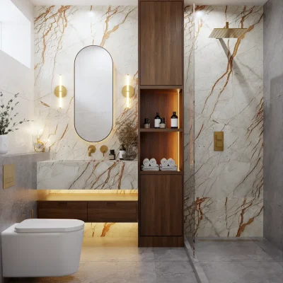 Luxurious bathroom showcasing striking marble walls with dramatic veining, complemented by warm wood accents and elegant gold fixtures. This space epitomizes modern sophistication and serenity. Design by Debora, an online interior design service.