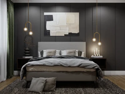 Chic bedroom with a monochrome color scheme and modern furnishings, designed for elegance and sophistication. Design by Debora, an online interior design service.