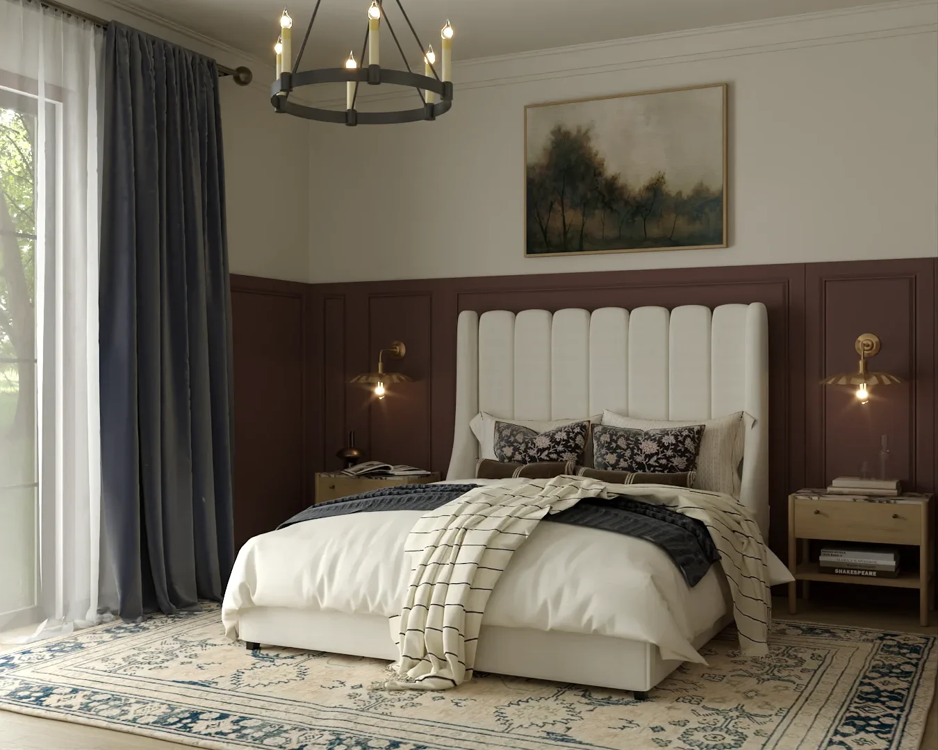 An elegant bedroom featuring classic decor with a plush bed, chic chandelier, and rich accent colors. The design creates a serene and stylish retreat, perfect for relaxation and comfort. Design by Debora, an online interior design service.