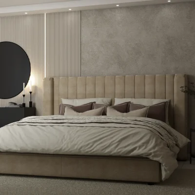 Modern bedroom with sleek design, neutral tones, and subtle lighting, creating a calm and minimalist sleeping environment. Design by Debora, an online interior design service.