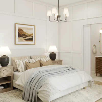 Classic bedroom with elegant wall paneling and a soft, neutral color palette, accented by sophisticated decor. Design by Debora, an online interior design service.
