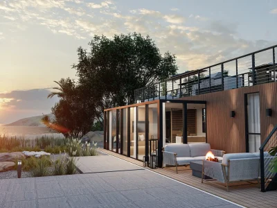A coastal home with a rooftop deck, ideal for enjoying sunset views. The home features a wood-paneled exterior that harmonizes with the natural beach environment. Design by Debora, an online interior design service.