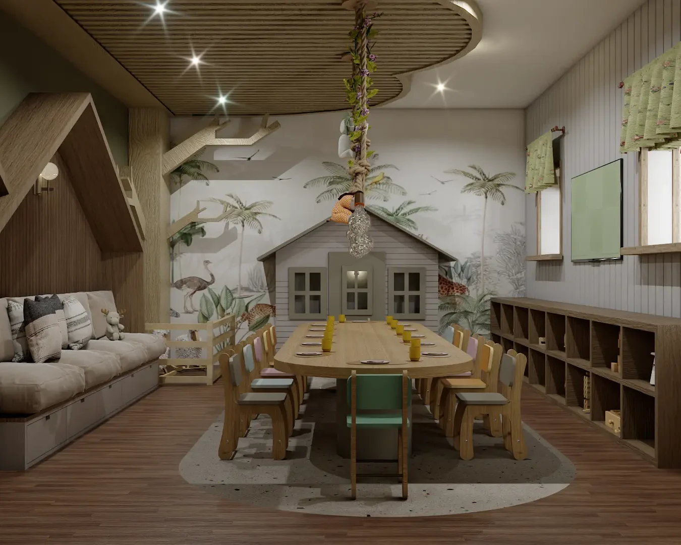 Children's dining area resembling a treehouse with wooden furniture and playful jungle motifs, designed by Debora, an online interior design service based in New York City.