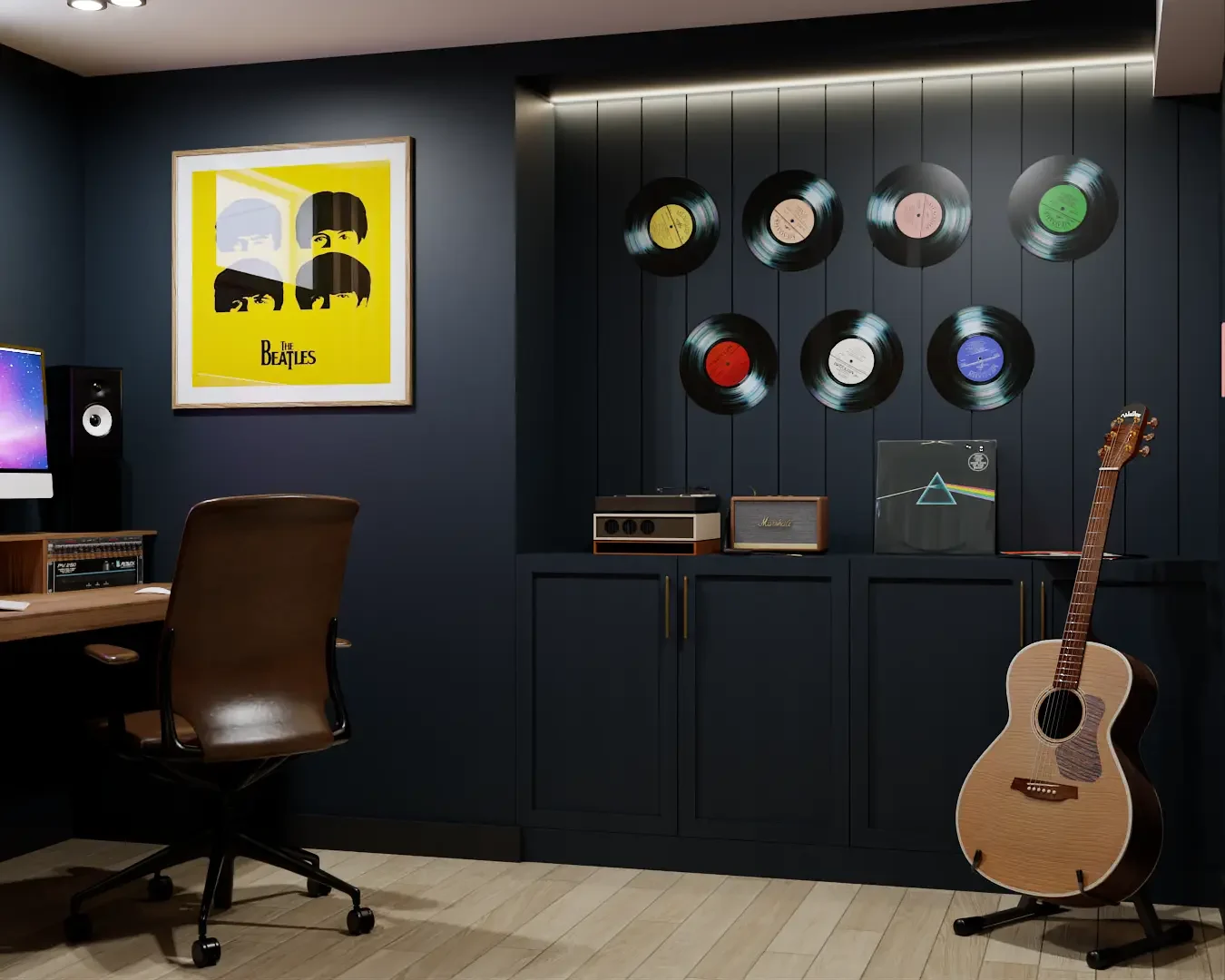A stylish music room featuring a record display on a navy wall, a cozy workspace with a desk and computer, and a guitar. The space is perfect for music enthusiasts. Design by Debora, an online interior design service.
