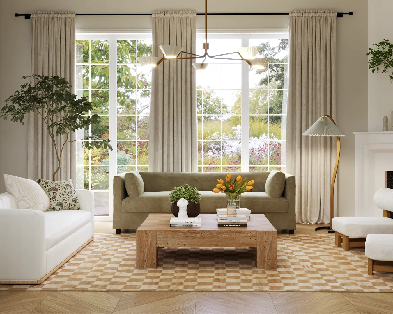 A stylish living room with a white sofa and DWR - by Mads Caprani, Timberline Floor Lamp, green velvet couch, wooden coffee table with tulips and books, large windows with beige curtains, a checkered rug, a stone accent wall with abstract art, a fireplace with cozy chairs, and greenery, creating a bright and inviting space.