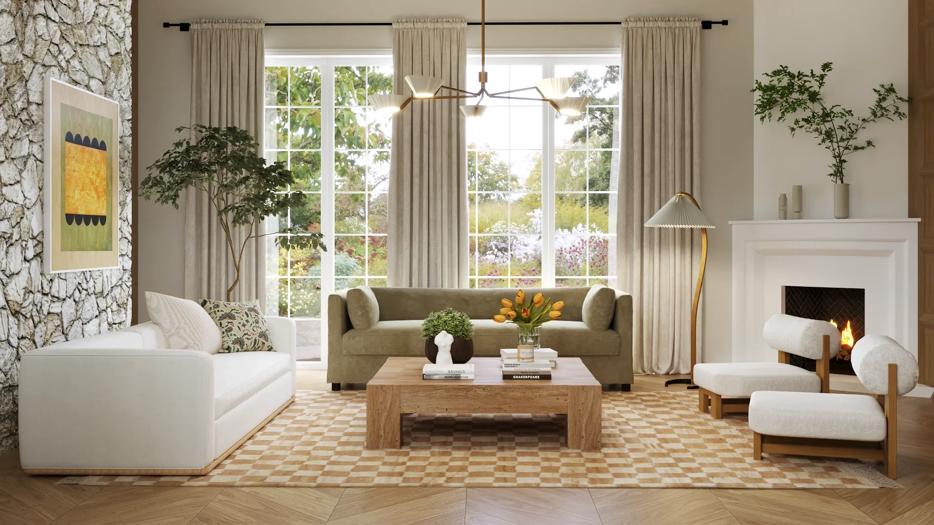 A stylish living room with a white sofa and DWR - by Mads Caprani, Timberline Floor Lamp, green velvet couch, wooden coffee table with tulips and books, large windows with beige curtains, a checkered rug, a stone accent wall with abstract art, a fireplace with cozy chairs, and greenery, creating a bright and inviting space.