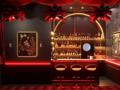 A luxurious bar with rich decor, ambient lighting, and a sophisticated atmosphere. The design includes a well-stocked bar, comfortable seating, and stylish details. Design by Debora, an online interior design service.