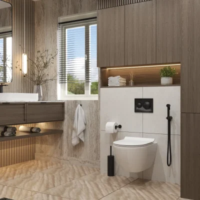 Modern rustic bathroom design featuring sleek wooden cabinetry, contemporary wall-hung toilet, and black fixtures, highlighted by natural light and minimalist decor. Design by Debora, an online interior design service.