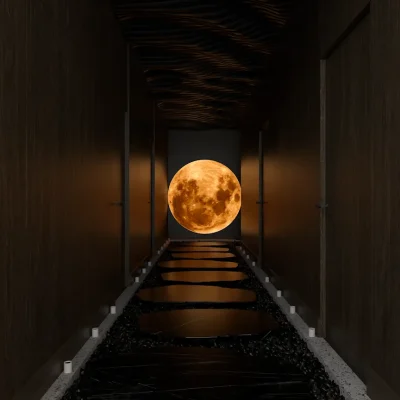 A tranquil hallway with a captivating moon art piece at the end, minimalist decor, and soft lighting. The design evokes a sense of peace and contemplation. Design by Debora, an online interior design service.