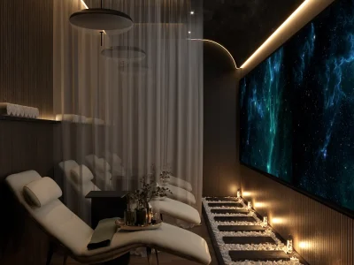Tranquil spa room with a cosmic ambiance, featuring soft lighting and celestial decor, designed by Debora, an online interior design service based in New York City.